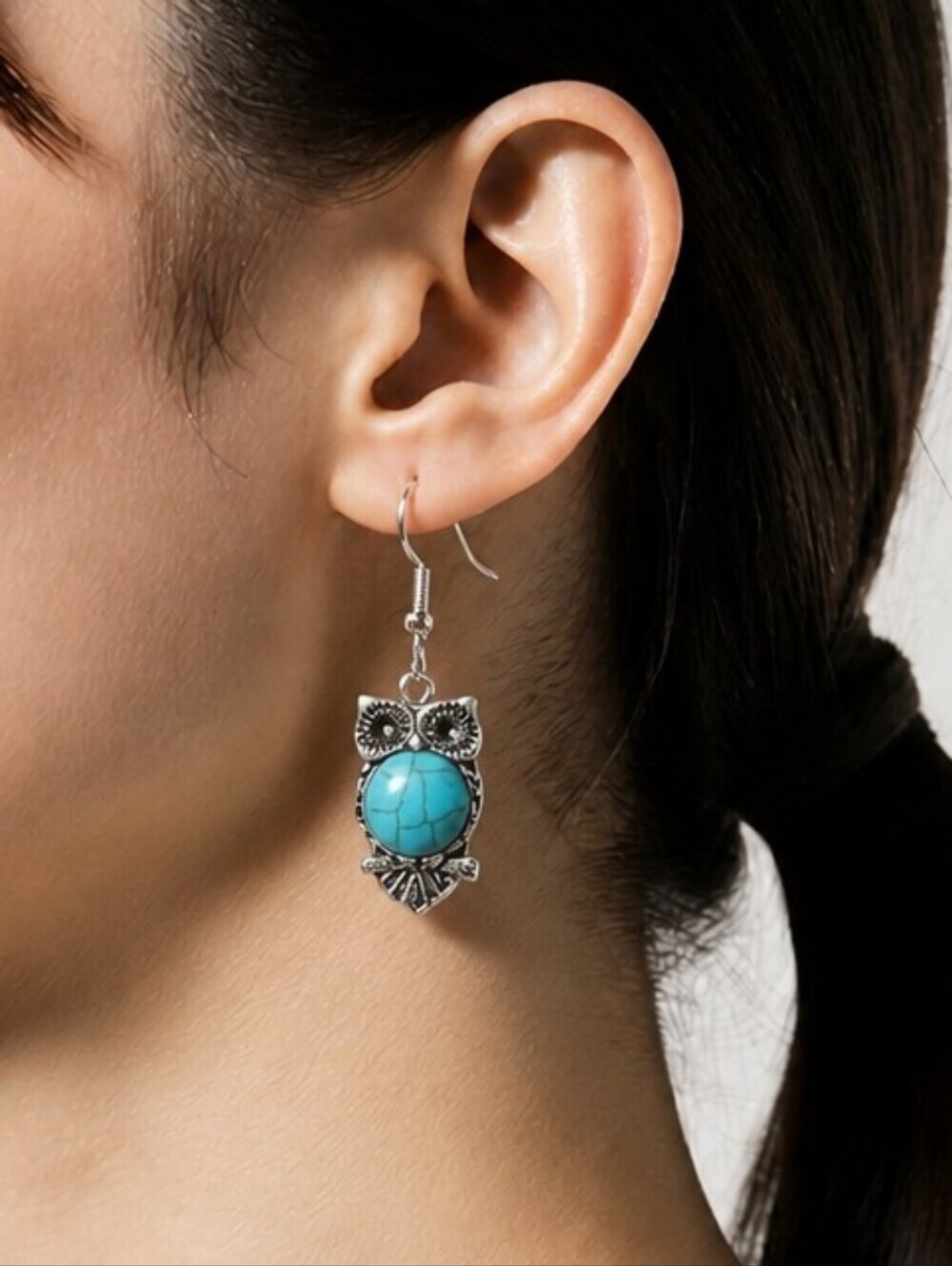 NWT nadineWest Faux Turquoise and Silver Owl Earrings ~1"